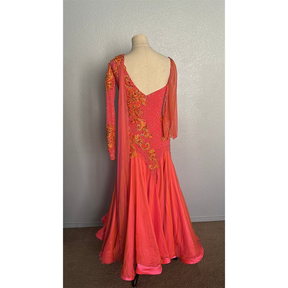 Custom De'Lux Coral Pink and Orange Lace Ballroom Dance Dress S/M - Picture 3 of 5